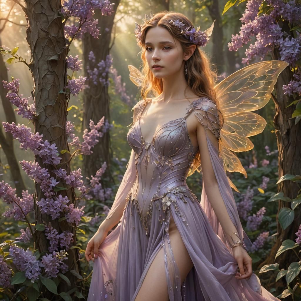 Mystical Fairy in Lilac Woodland Clearing