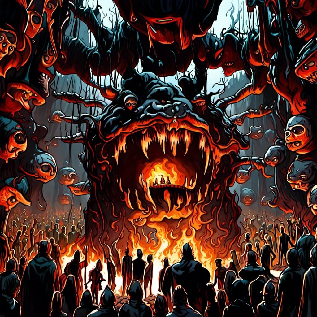 Sinister Crowd Trapped in Kettle: A Hellish Vision