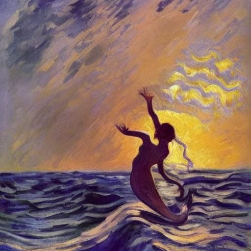 Mermaid Swimming in Ocean: Neo-Impressionist Impasto Paintin...