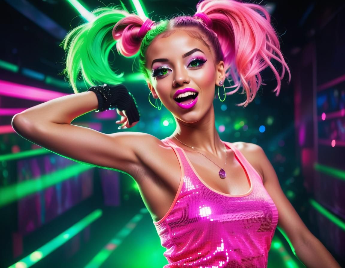Fluorescent Disco Dancer in Vibrant Nightclub