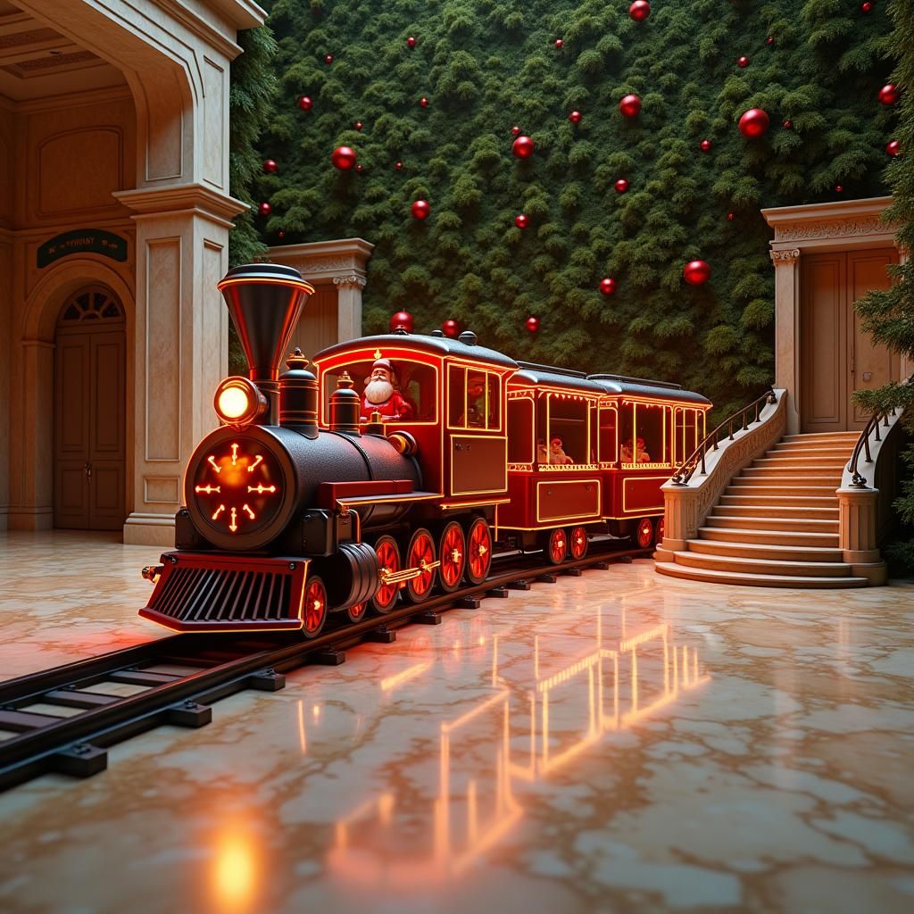 Festive Christmas Train in Opulent Room, Digital Art
