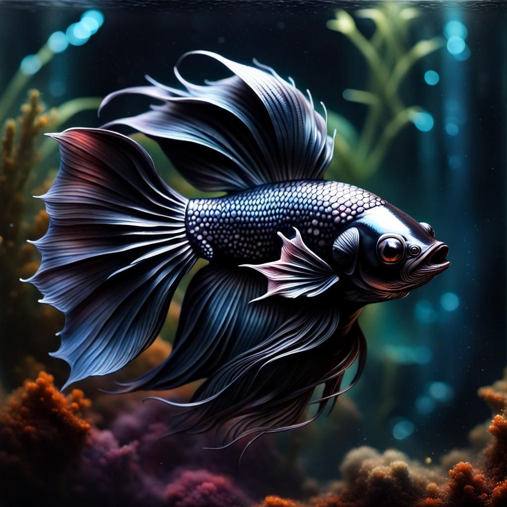 Mystical Black Cosmic Betta Fish: Detailed and Ornate