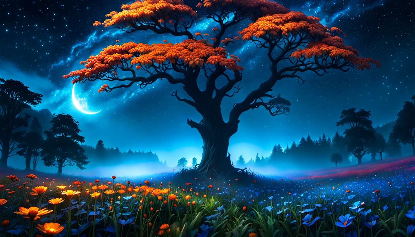 Mysterious Galaxy Over Foggy Flower Meadow