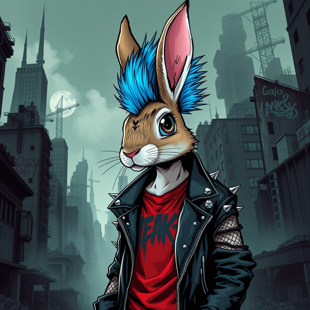 Punk Rabbit in Dystopian City, Gritty Illustration