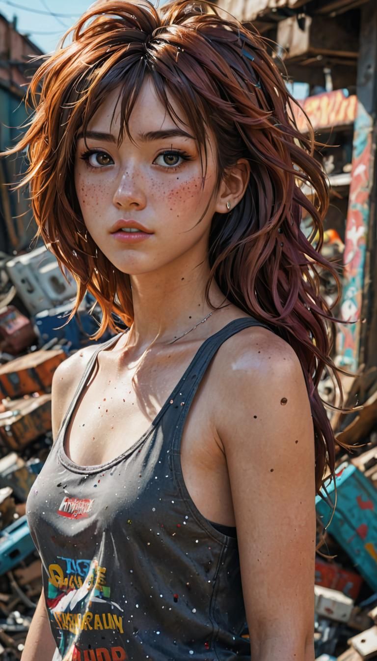 Anime Woman in Junk Alley with Edgy Outfit
