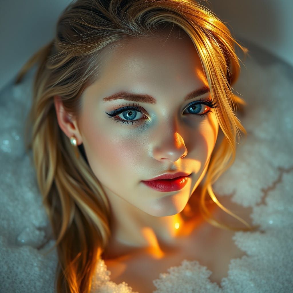Ethereal College Student in Whimsical Bath Scene