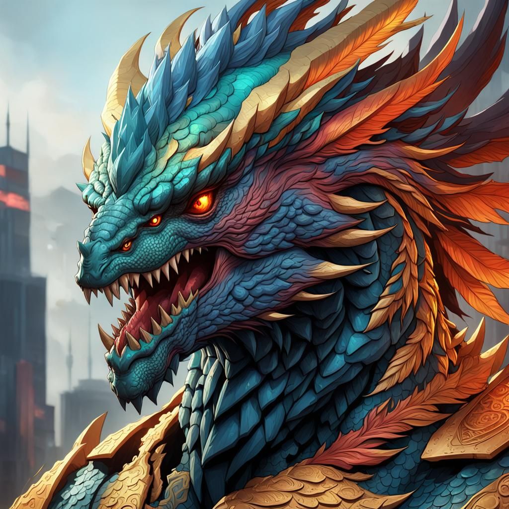 Dragon Phoenix Kaiju Portrait in Hyperdetailed Style