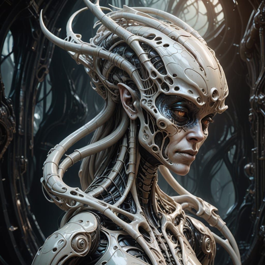 Darkly Beautiful Fungi Creature in Giger-Inspired Portrait