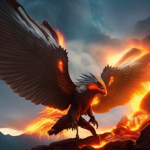 Mythical winged beast with a erupting Volcano backgrund