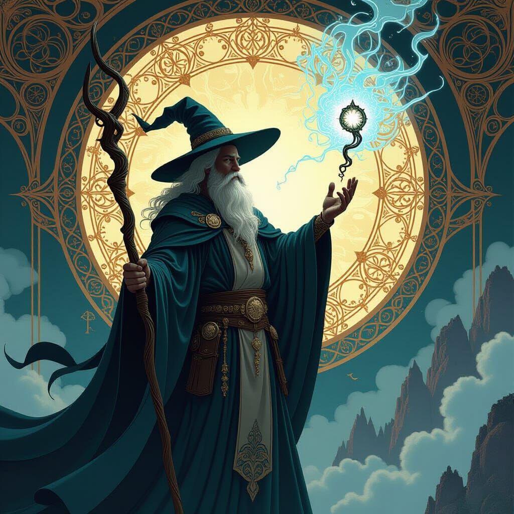 Time-Bending Wizard Manipulating Reality in Art Nouveau Styl...