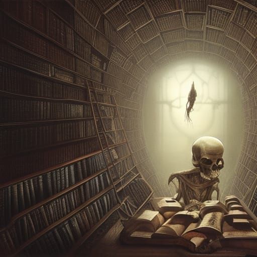 Filigree Skull in Dark Fantasy Library Setting