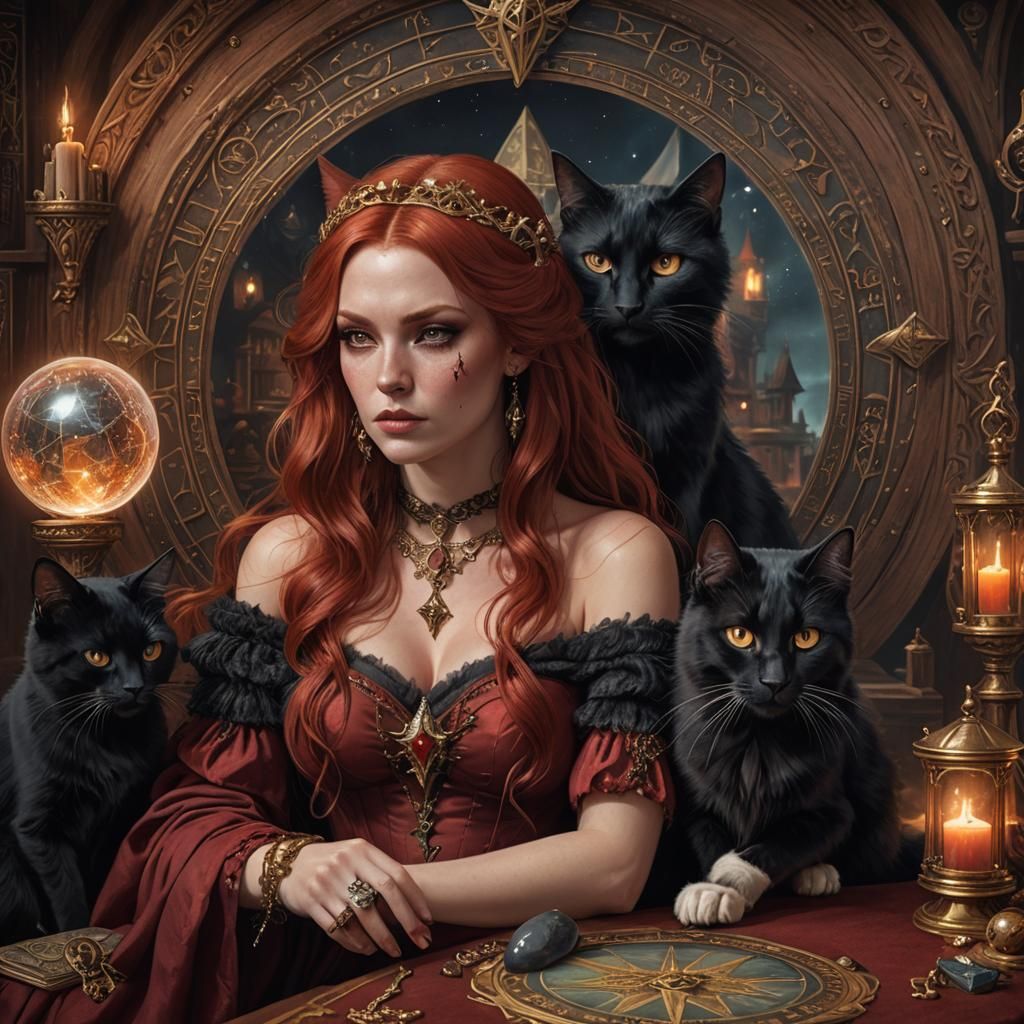 Goddess with Red Hair Holding Black Cat, Fantasy Art