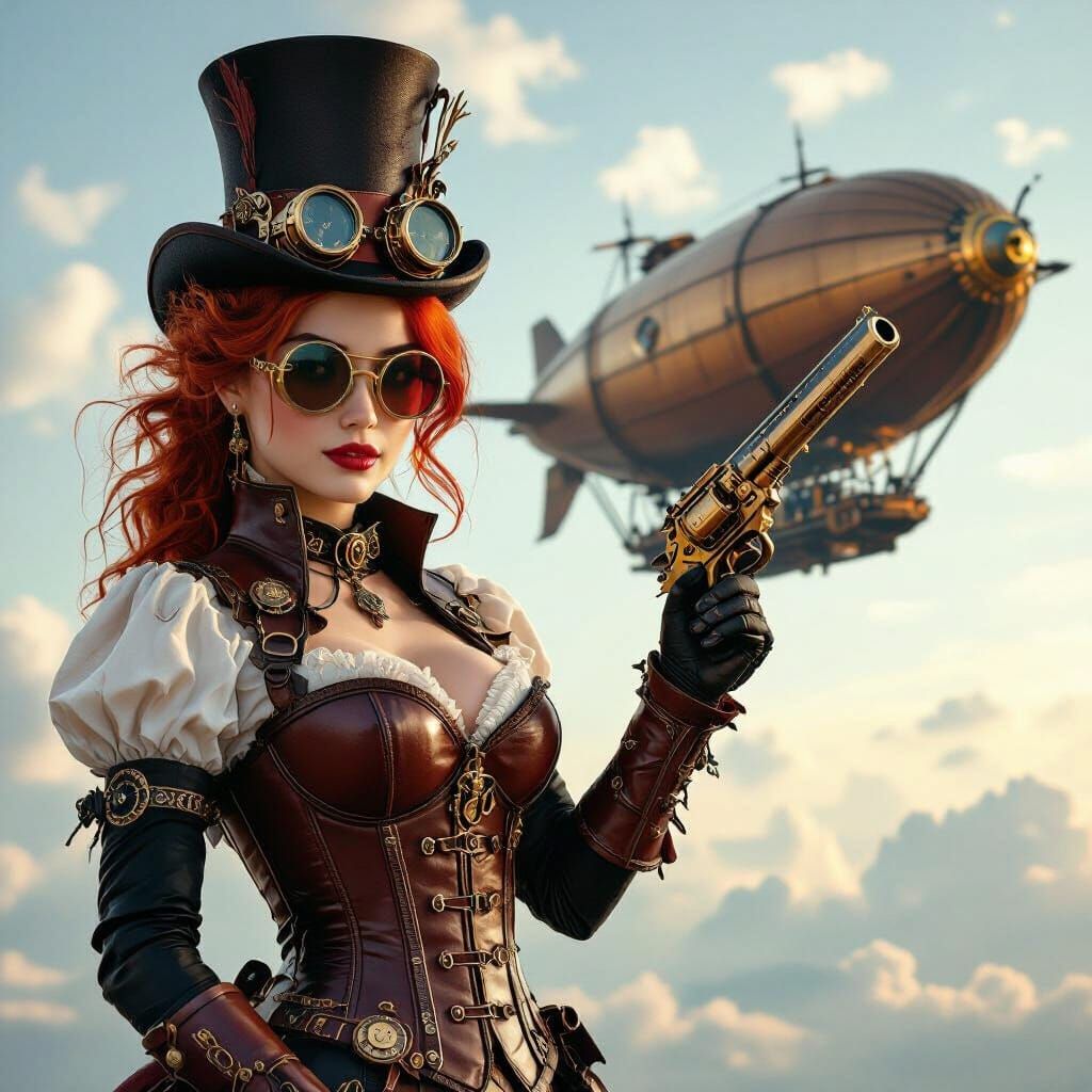 Steampunk Woman with Dirigible in Cinematic Sky