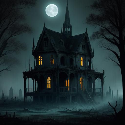 Eerie Gothic House with Ghosts in Moonlight