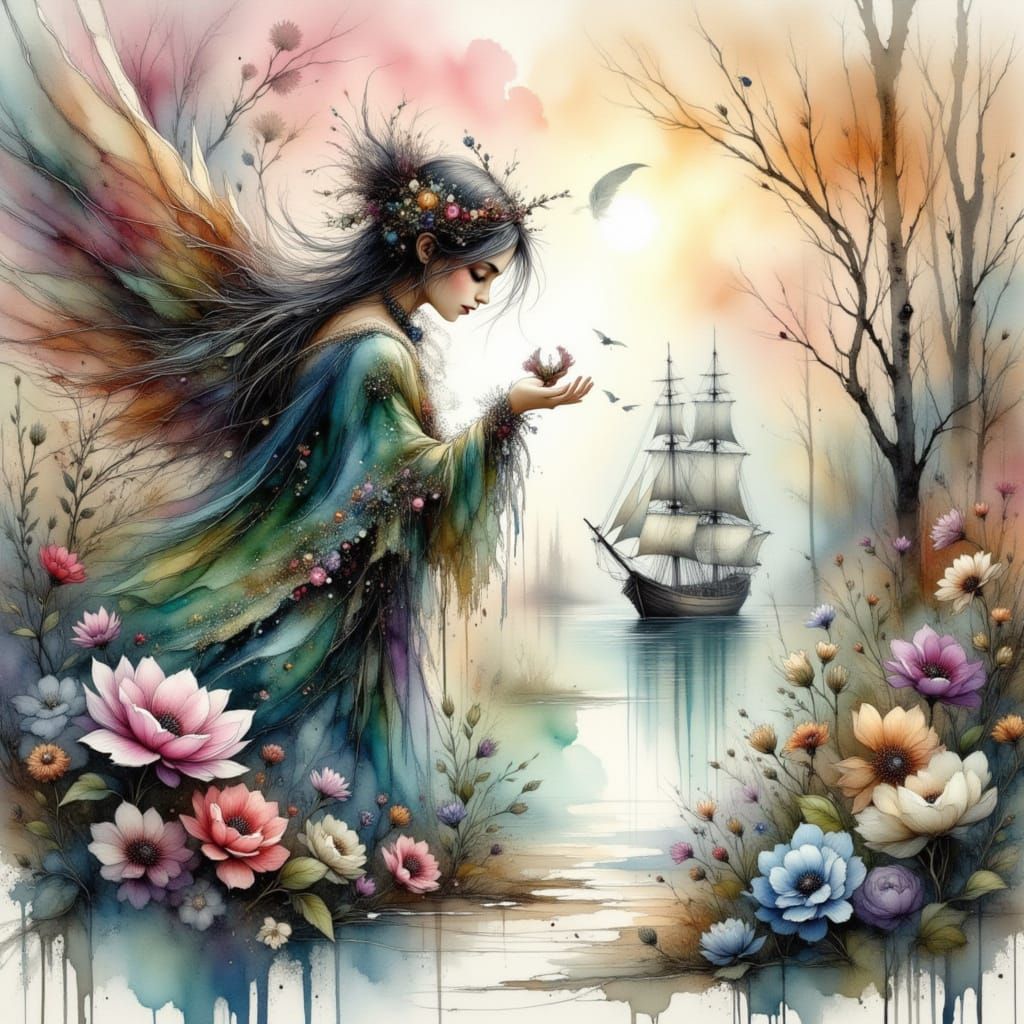 Ethereal Anime Woman in Muted Cityscape with Angels