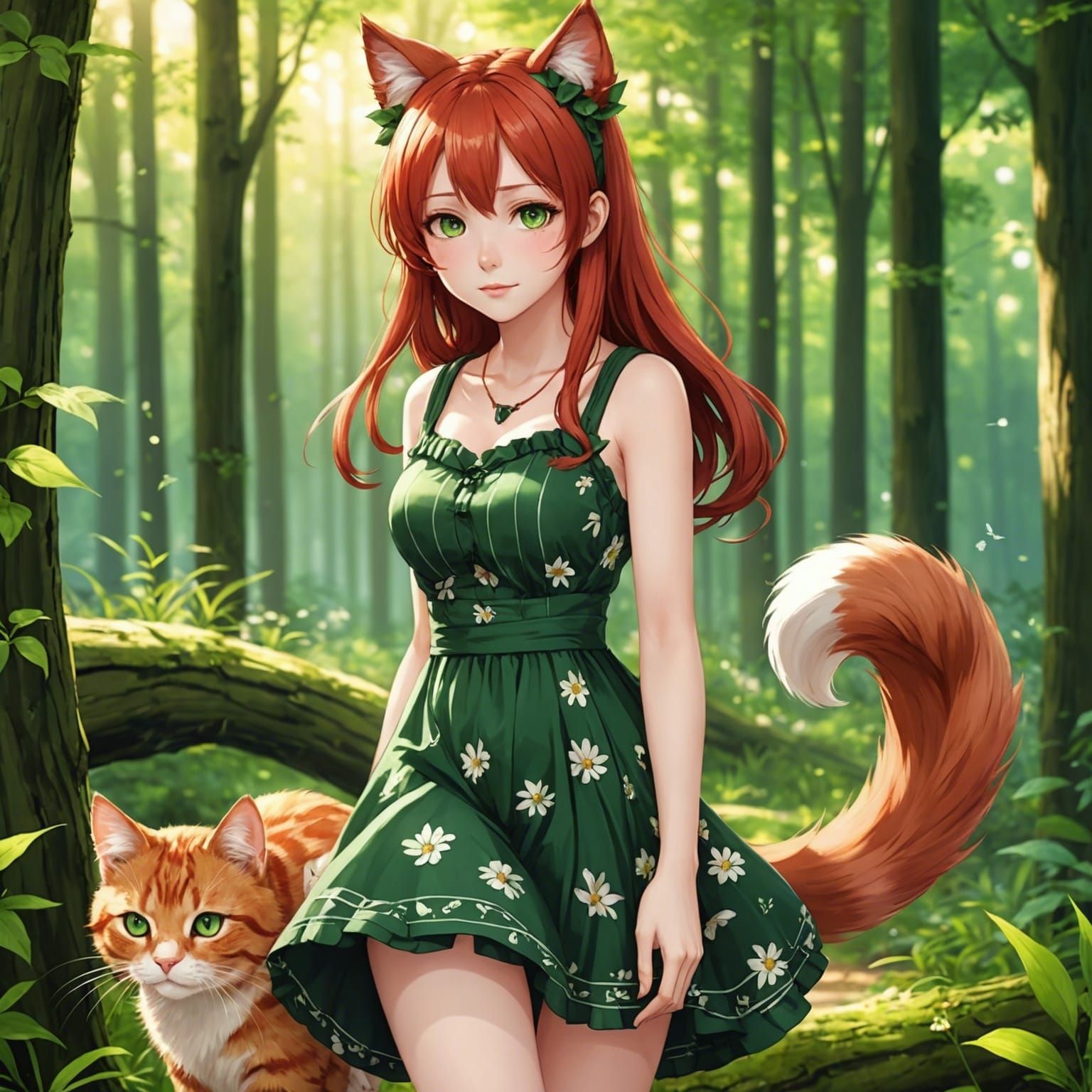 Anime Woman with Cat Features in Forest