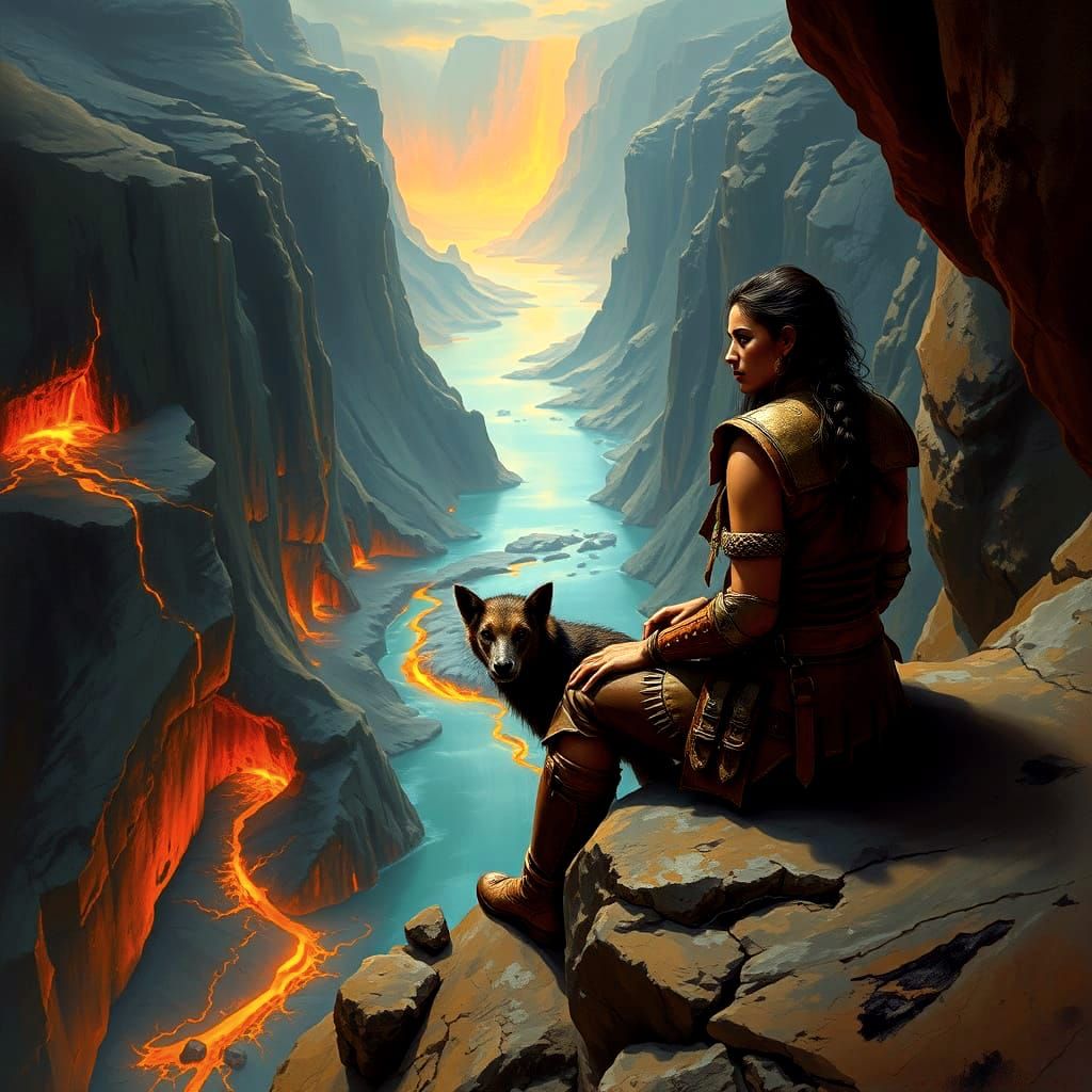 Troglodyte Woman and Worg Watching Canyon Sunset