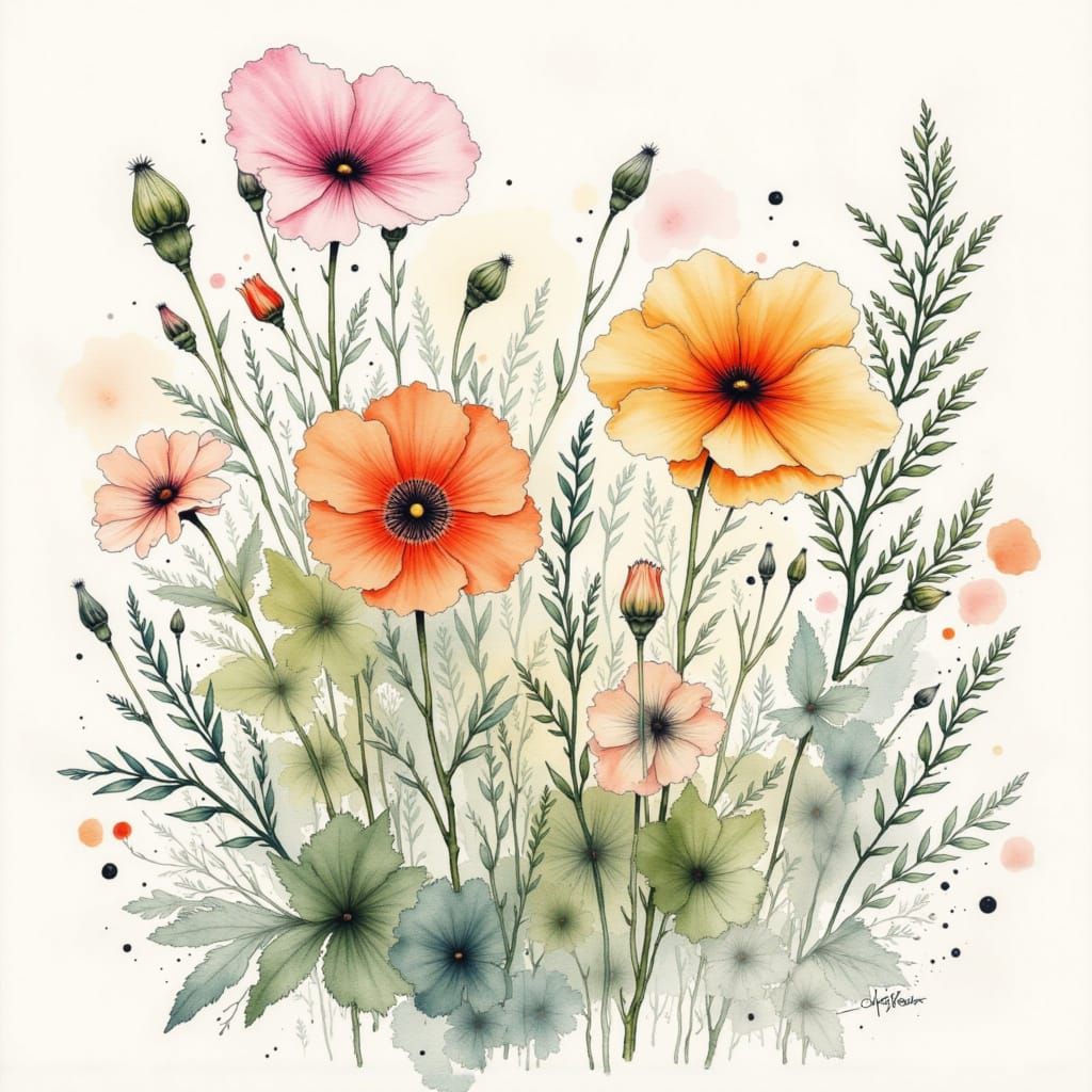 Ink Washed Watercolour Iwa Flowers
