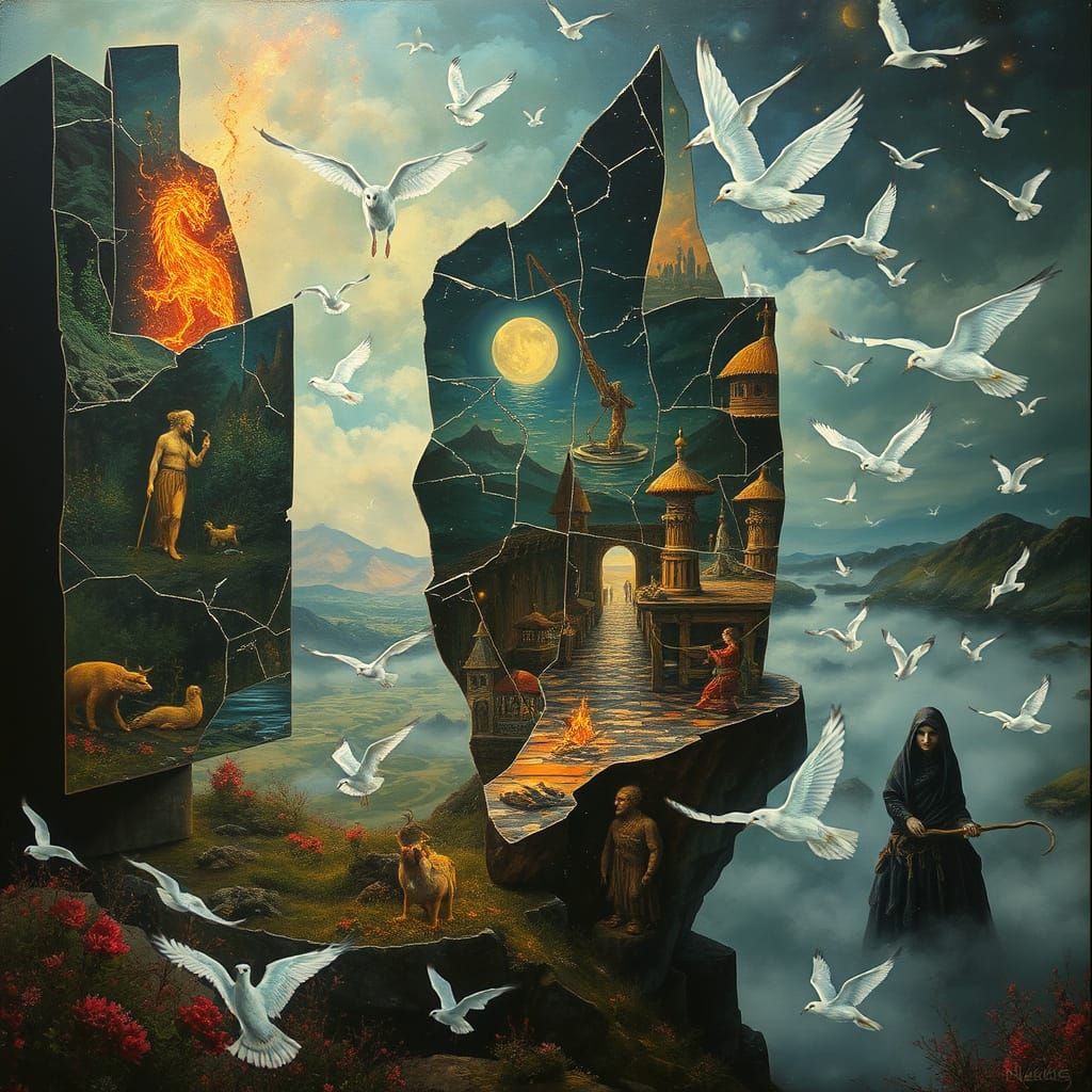 Surreal Dreamlike Collage with Glowing Creatures