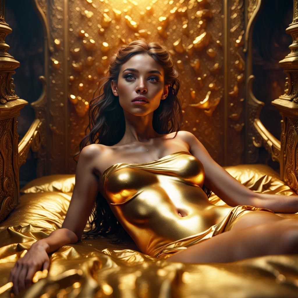 A beautiful girl lies in a bed of gold with no clothes on at all