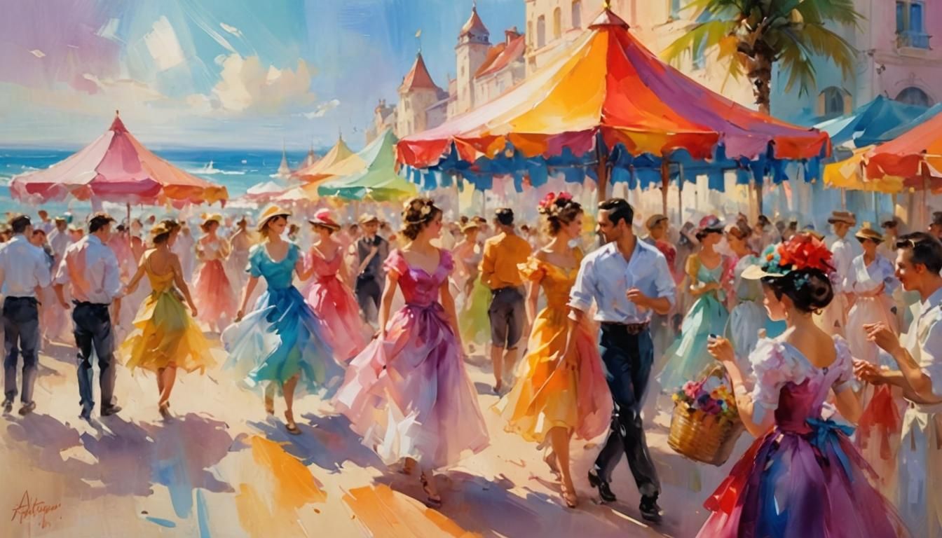 Joyful Beach Festival in Impasto Style