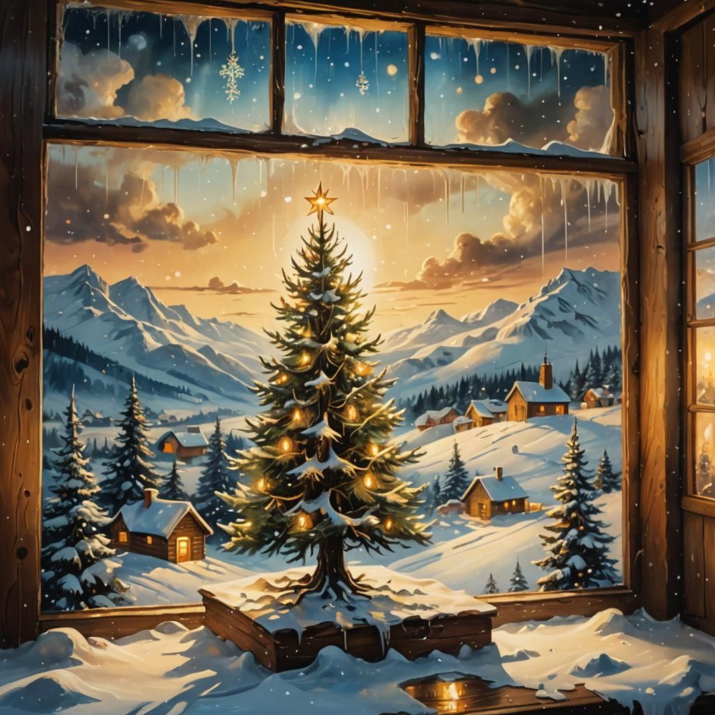 Surreal Christmas Tree in Snowy Village, Oil Painting