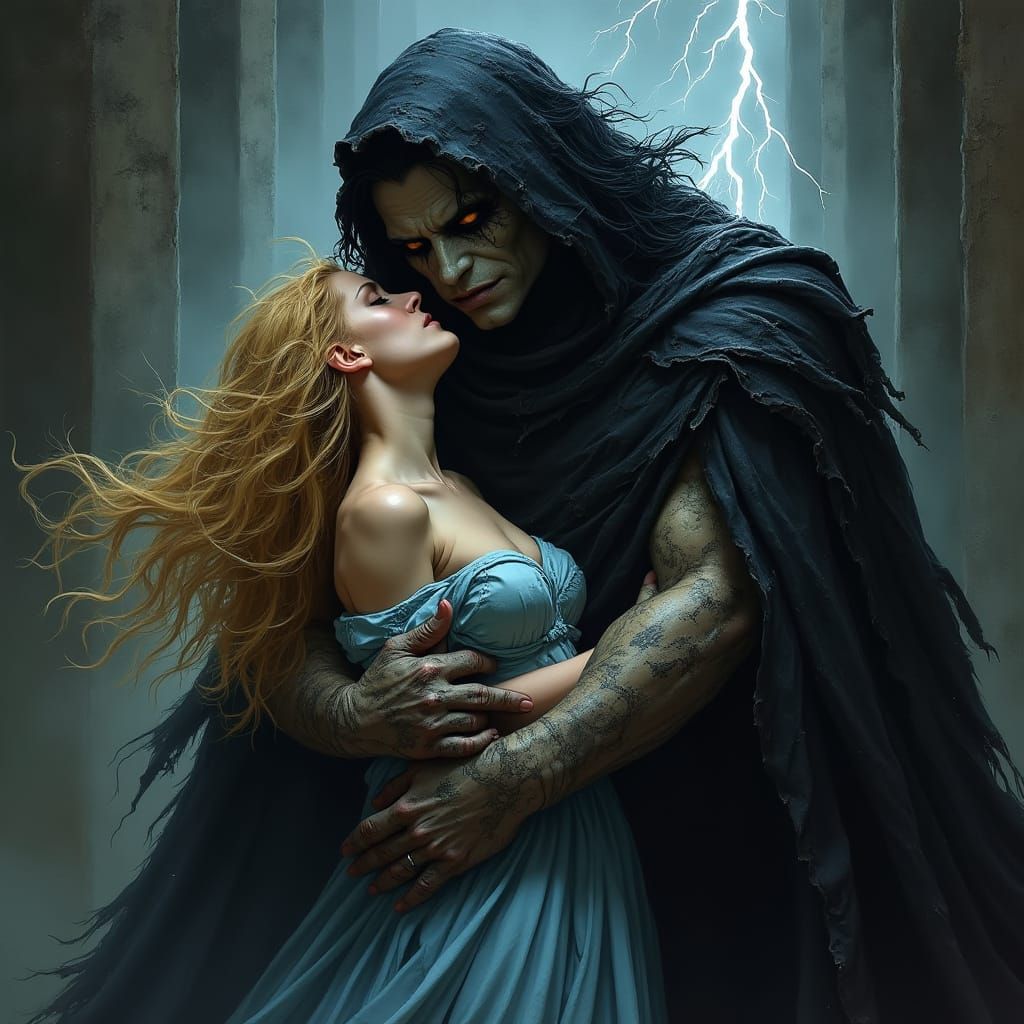Gothic Giant with Lightning-Haired Man in Dark, Romantic Sty...