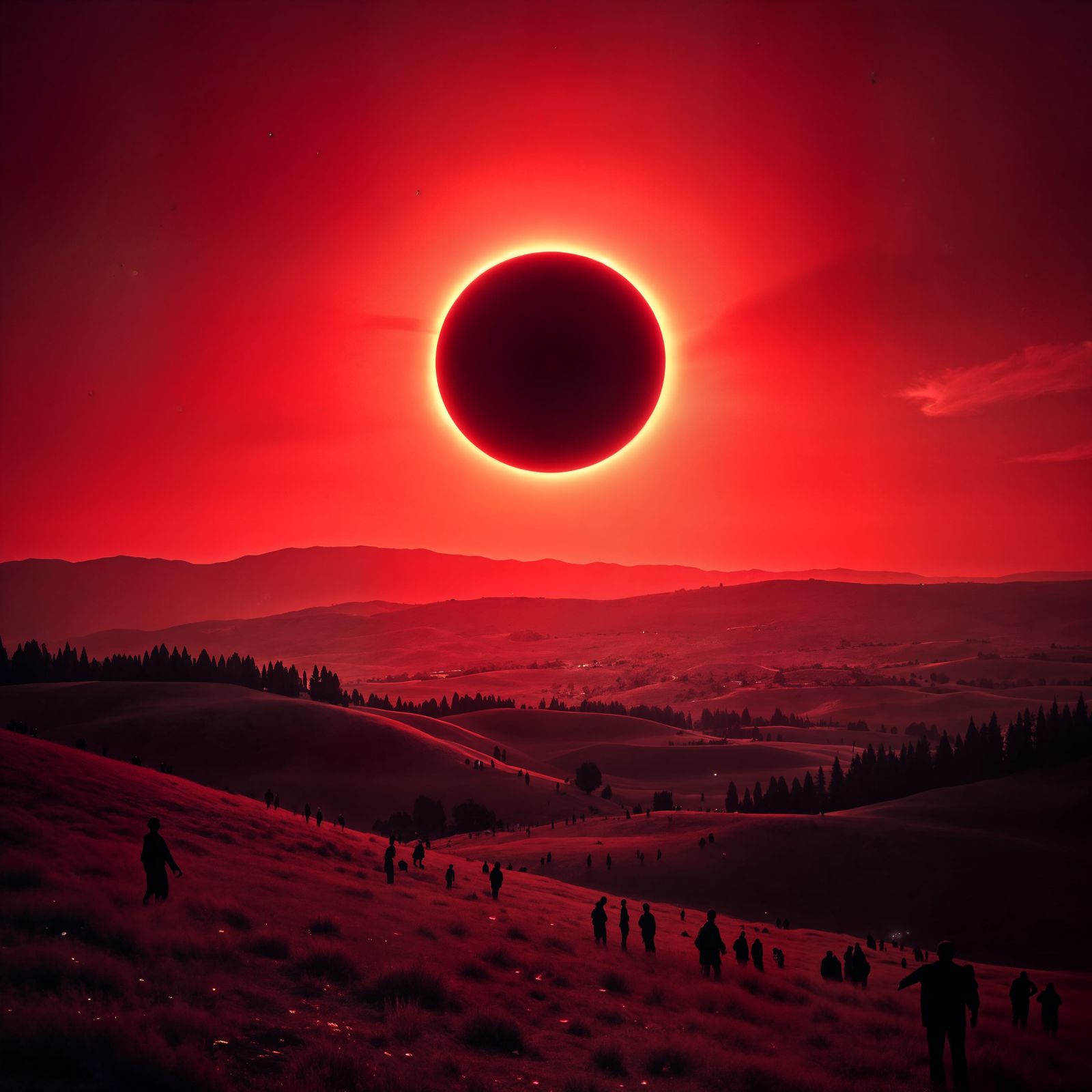 Red Solar Eclipse Over a Hilly Landscape with Figures