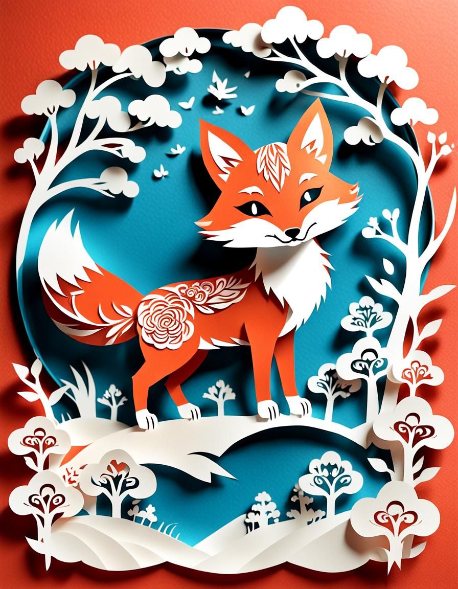 Japanese Paper Cut Fox Illustration