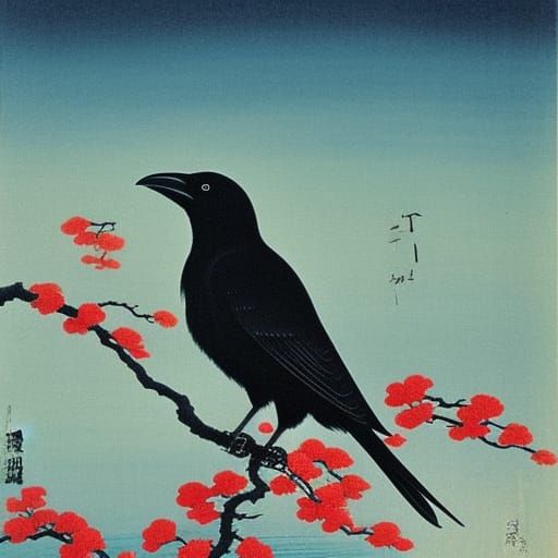 Crow on Cherry Branch: Japanese Woodblock Print