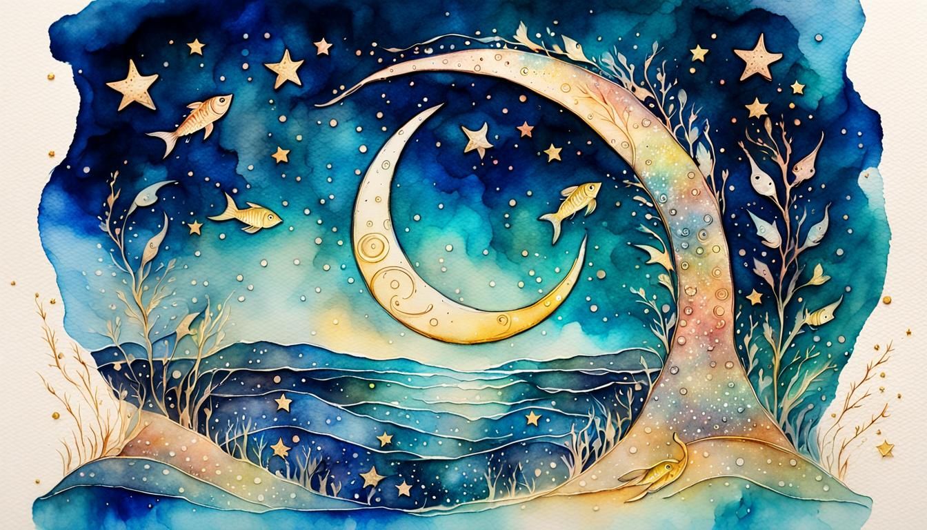 Whimsical Watercolor Moonlit Scene with Dancing Fish