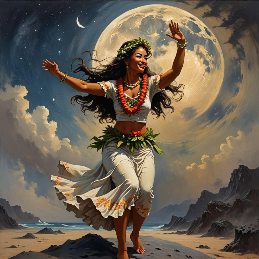 Hawaiian Girl Hula Dancing on the Moon as Oil Painting