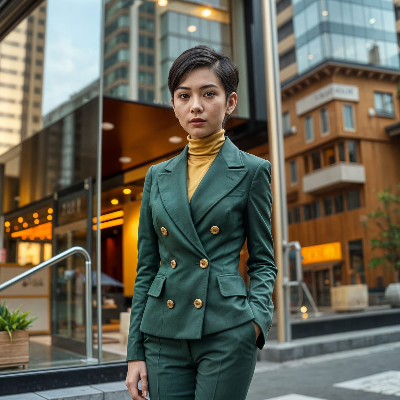 Indonesian Woman in Hunter Green Suit Regards Viewer with Am...