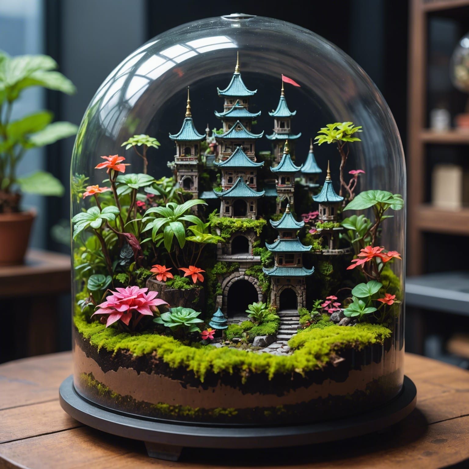 Cyberpunk Terrarium with Miniature Japanese Castle