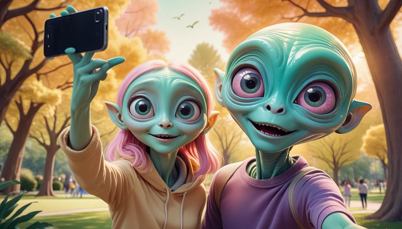 Couple's Selfie Interrupted by Cheeky Alien in Park