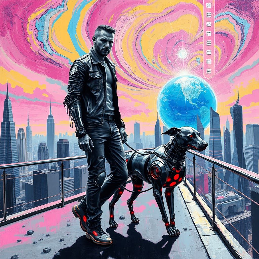 Cyborg Man Walks His Glowing Robot Dog Through a Futuristic ...
