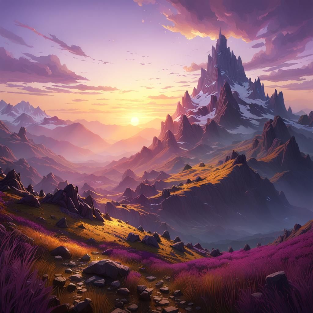 Mountain Sunrise: Dark Fantasy Concept Art