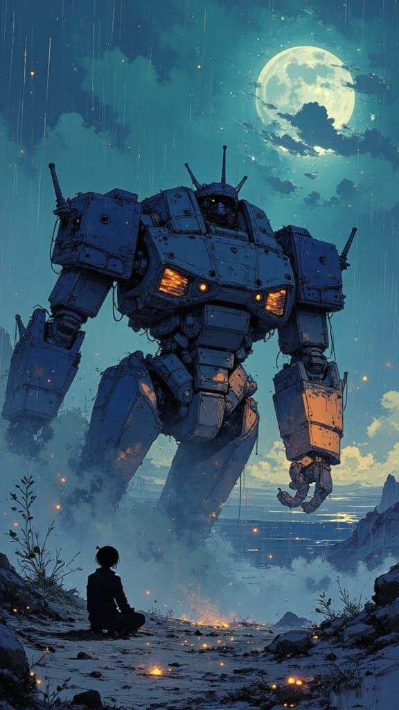 Fallen Mecha on Battlefield in Anime Style