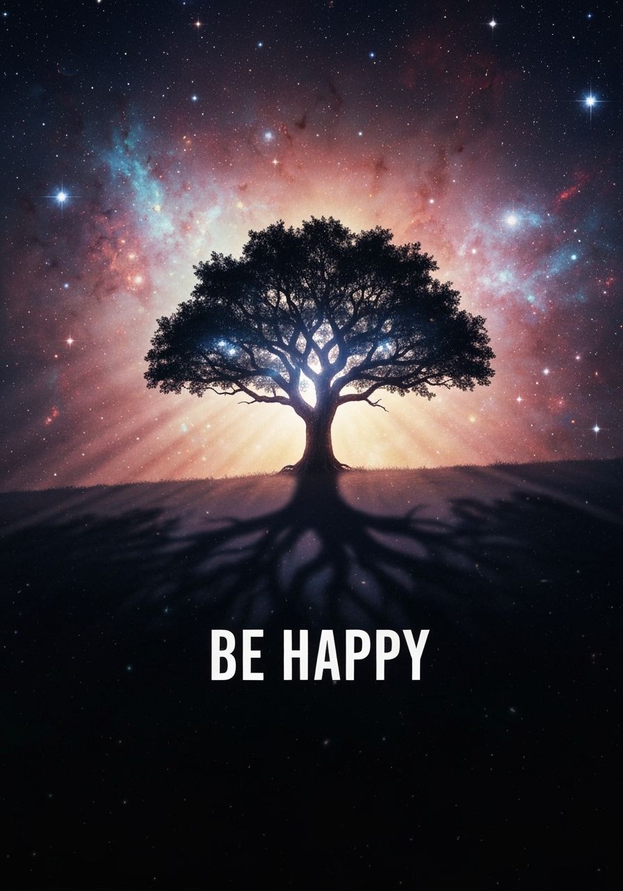 Ancient Oak Tree Silhouetted Against Swirling Nebula