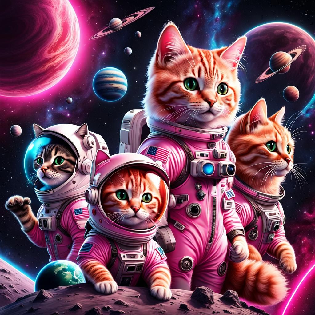 Hyper realistic , Chibi pink neon tabby cat astronauts  in a...
