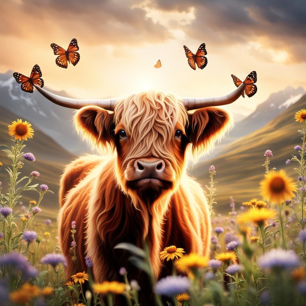 Cute Highland Cow with Butterfly, Digital Painting
