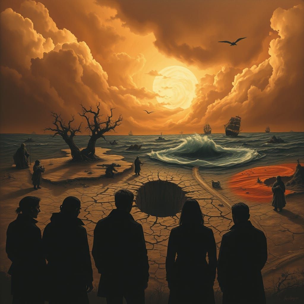Figures Silhouetted Against Apocalyptic Landscape in Dark Ro...