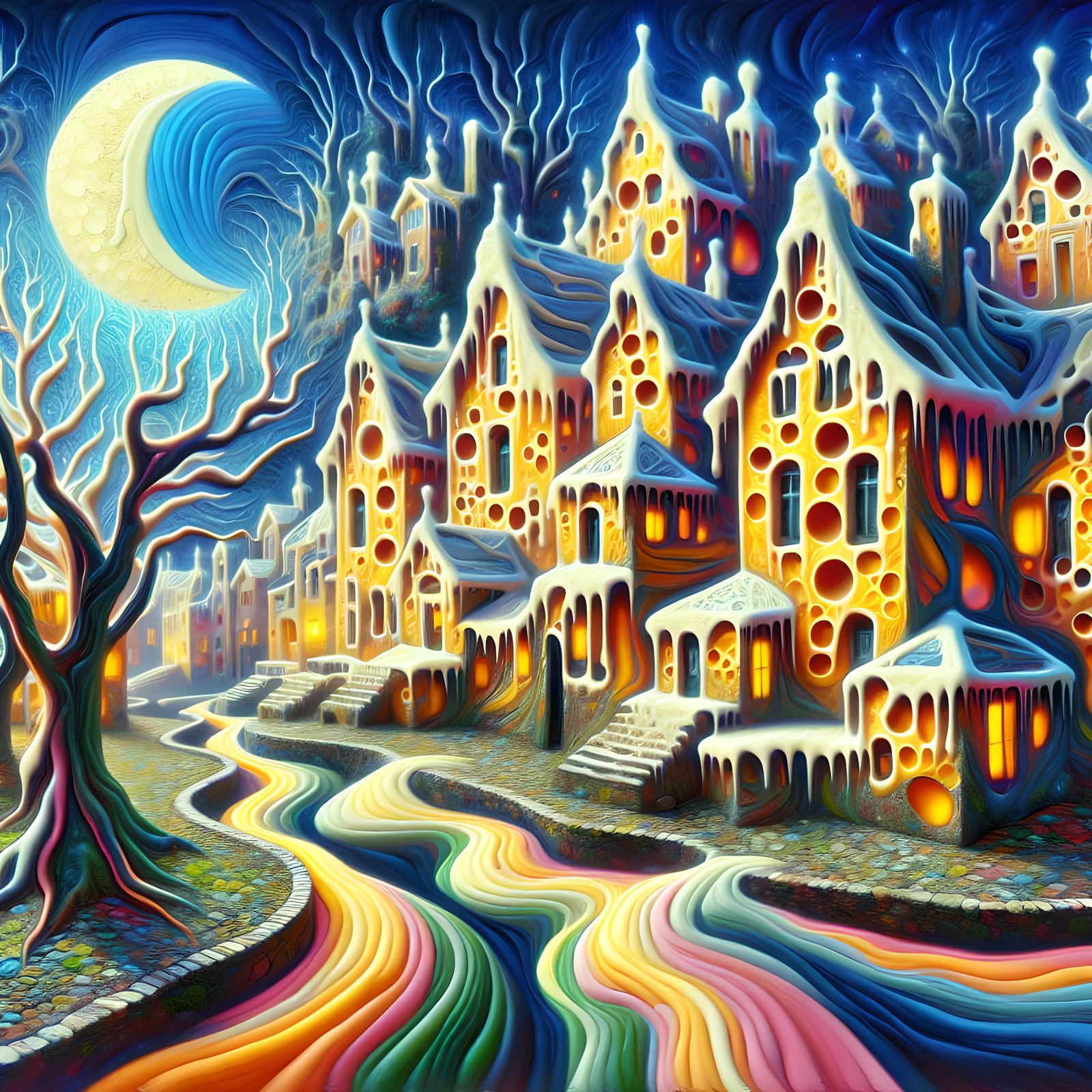 Enchanting Cheese Village in Post-Impressionistic Style