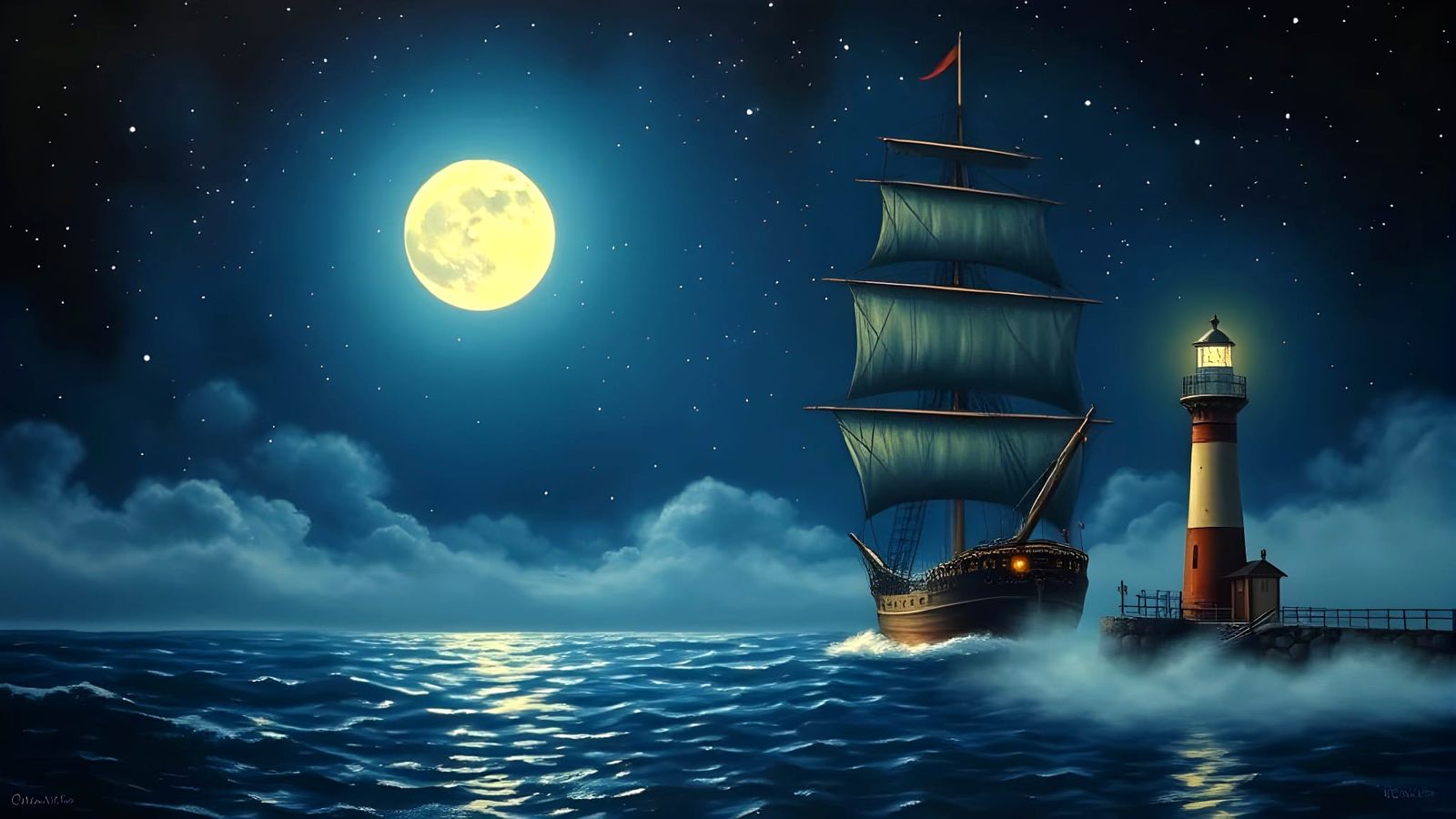 Starry Night Sailing Ship and Lighthouse