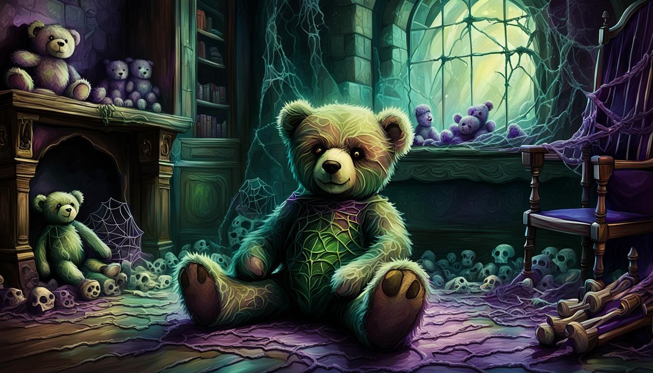 Glowing Teddy Bear in Dark Fantasy Castle Room