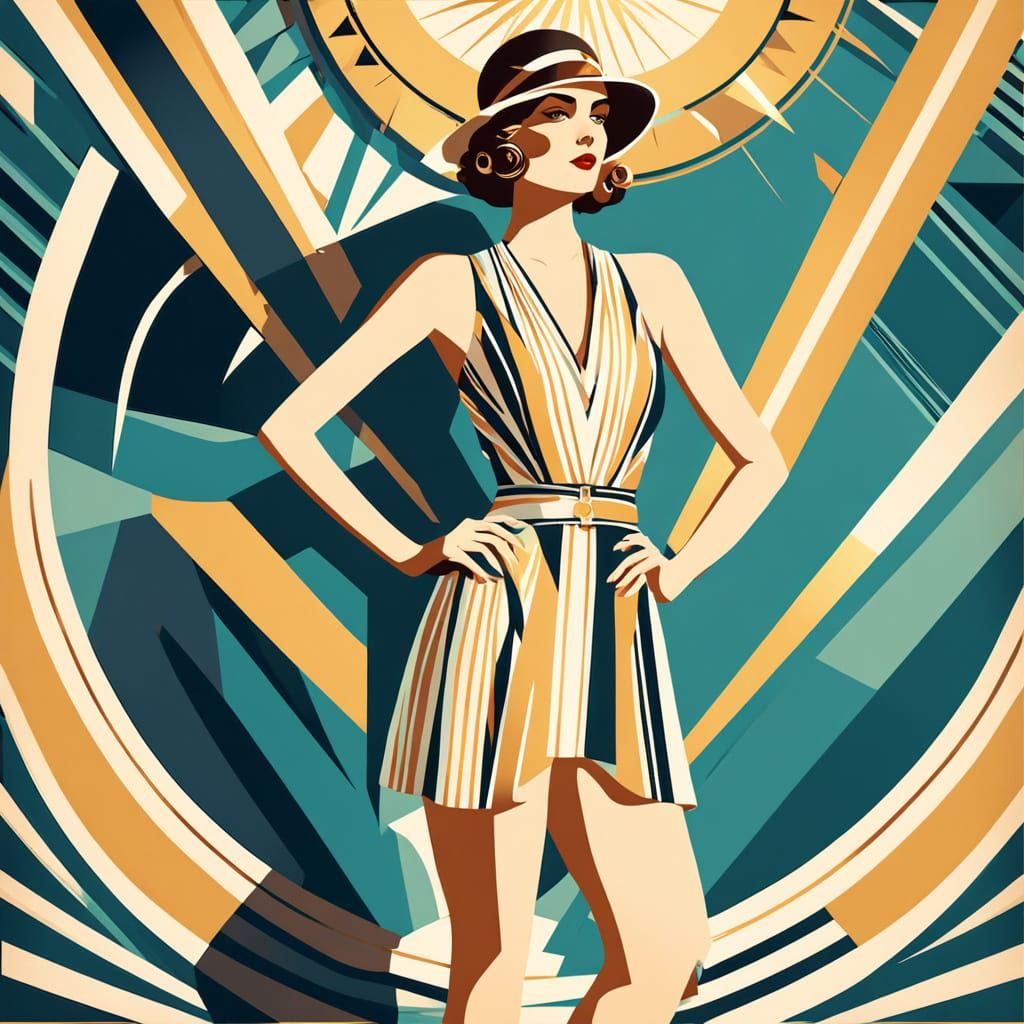Art Deco Beach Scene with Woman in Vintage Swimsuit