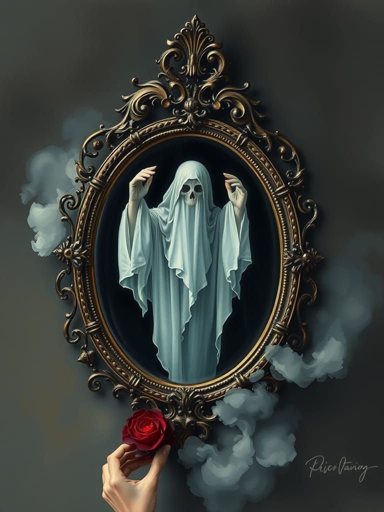 Ghost in Haunted Mirror: Gouache Watercolor Painting