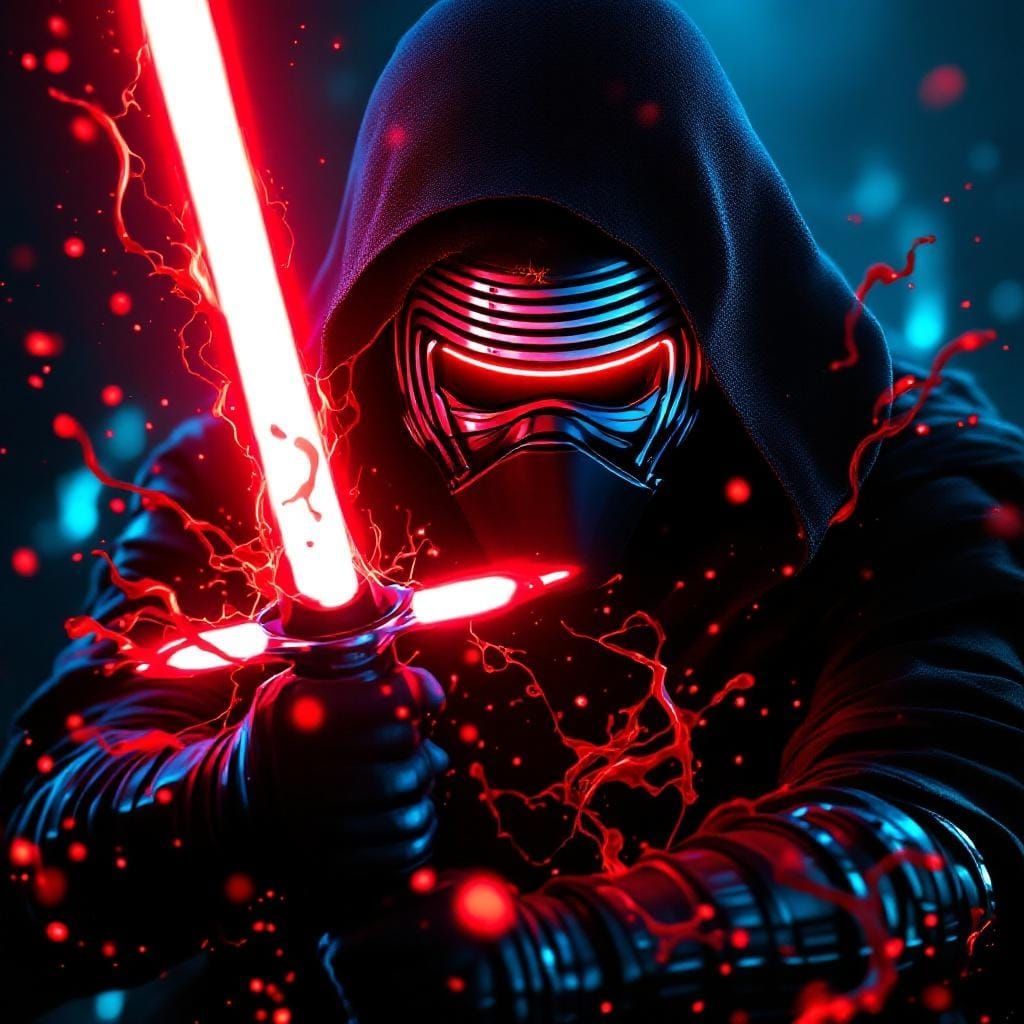 Furious Kylo Ren with Red Lightsaber in Synthwave Style