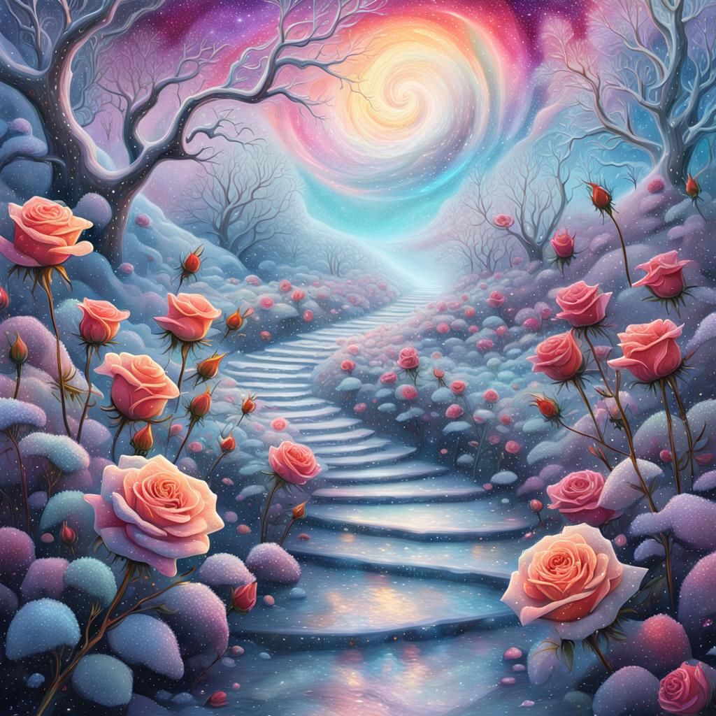 Rainbow Roses in Snowy Forest: Cosmic Illustration