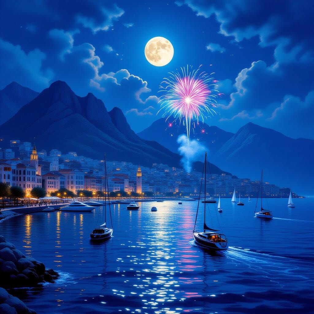 Beirut Cityscape at Night with Fireworks and Full Moon